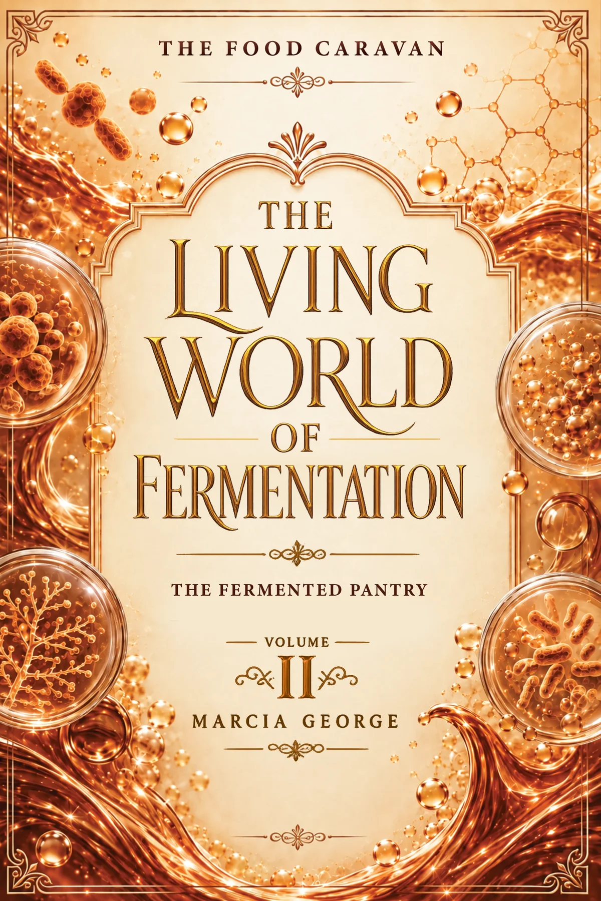 Cover of The Living World of Fermentation, Volume II: The Fermented Pantry, by Marcia George — amber and copper artwork of bubbles, microorganisms and petri dishes framed by an ornate gold border.