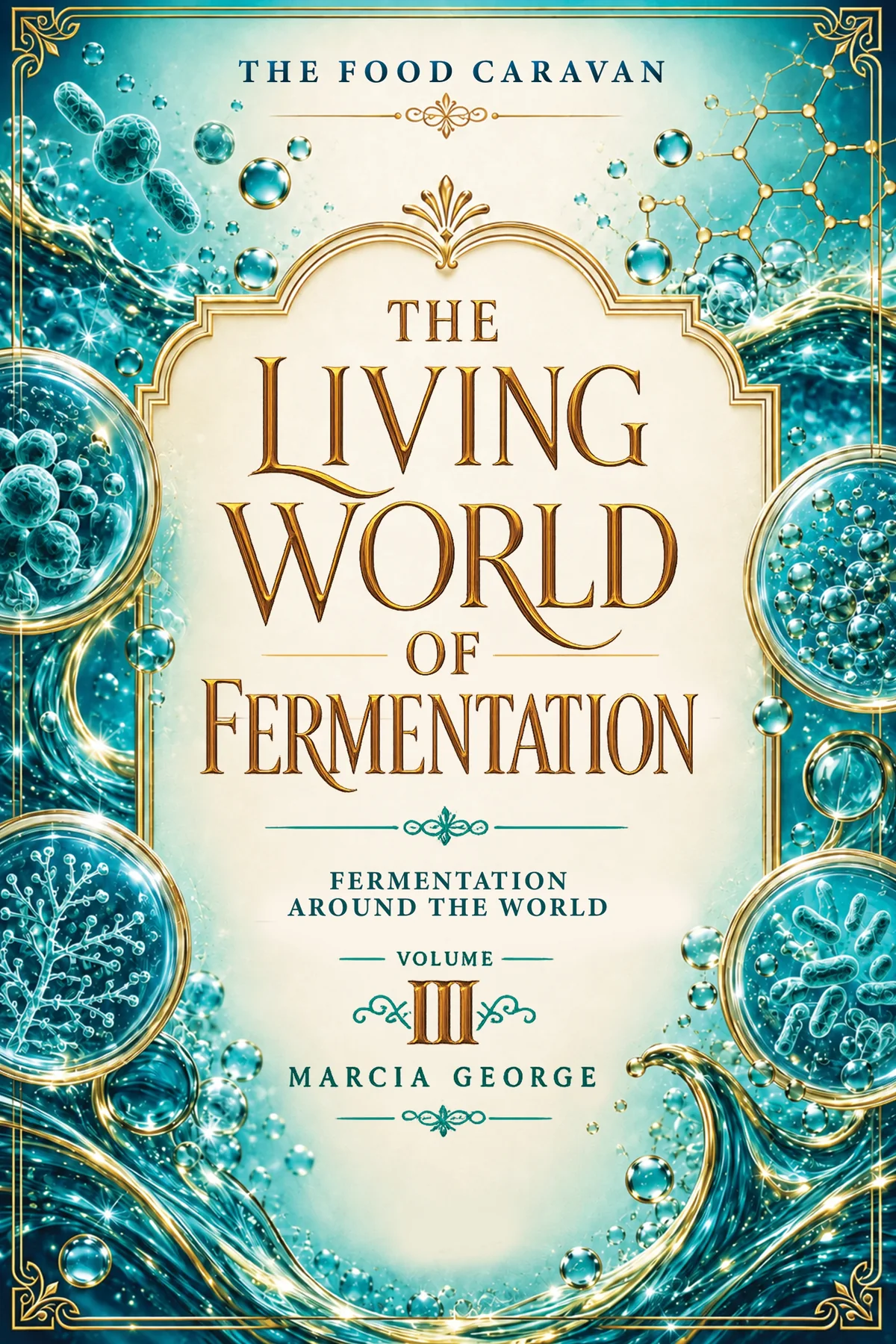 Cover of The Living World of Fermentation, Volume III: Fermentation Around the World, by Marcia George — teal and turquoise artwork of bubbles, microorganisms and glass dishes within an ornate gold frame.