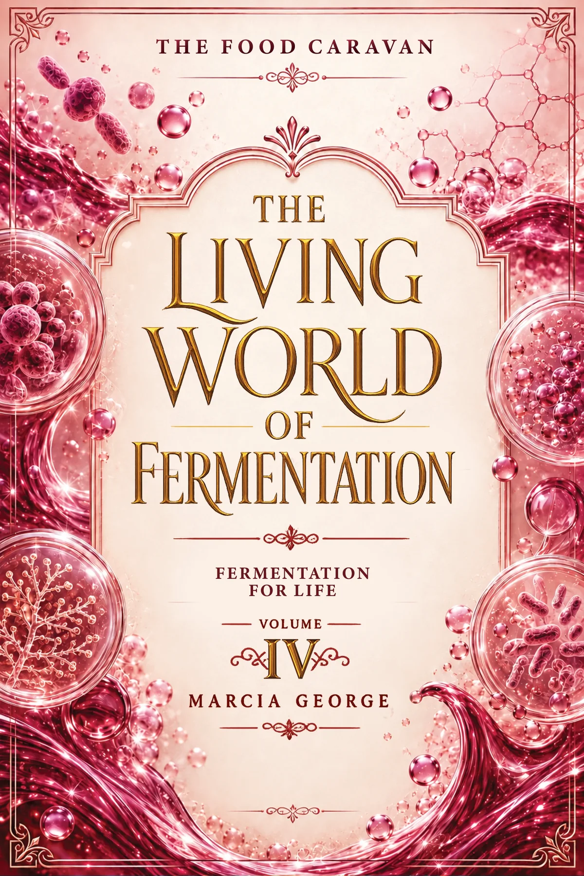 Cover of The Living World of Fermentation, Volume IV: Fermentation for Life, by Marcia George — crimson and rose artwork of bubbles, microorganisms and glass dishes within an ornate border.